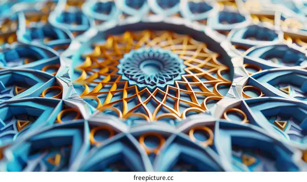 Blue and gold 3D illustration of a mandala