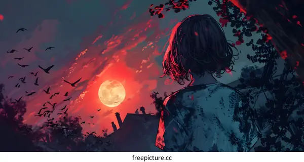 Girl Looking at the Red Sky with Birds Flying