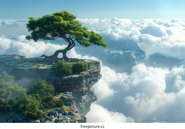 A Majestic Tree on a Cloud-Kissed Cliff