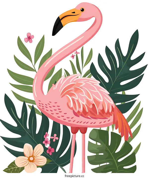 Pink Flamingo with Tropical Plants Illustration