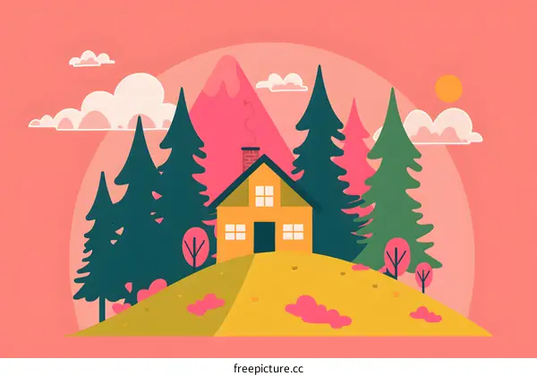 Cute Illustration of a Mountain Cabin in the Forest