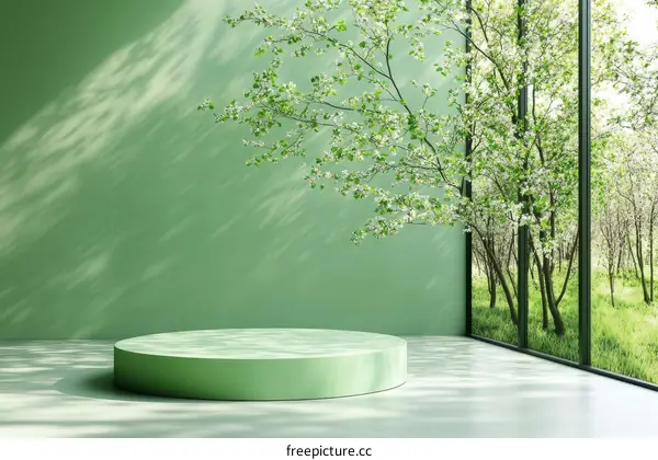 Green Minimalist Product Display with Blooming Trees