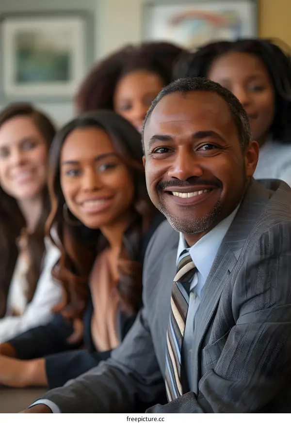 A group of business professionals smiling and looking at the camera