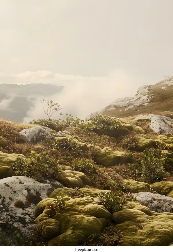 Foggy Mountain Landscape with Moss Covered Rocks