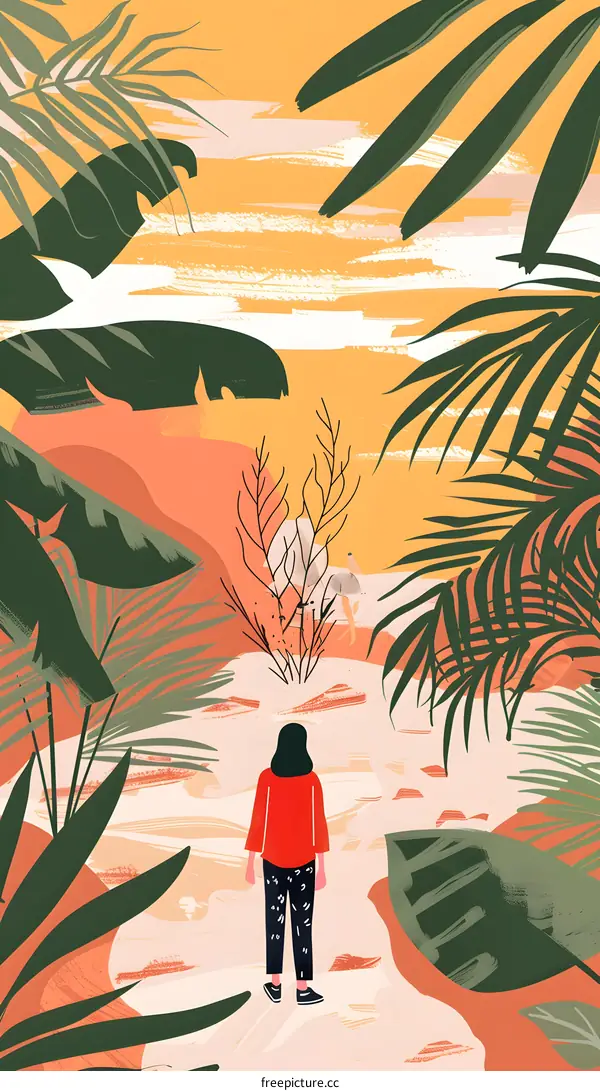 Woman Standing in a Jungle With Tropical Plants