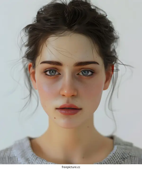 Portrait of a Young Woman with Blue Eyes and Freckles