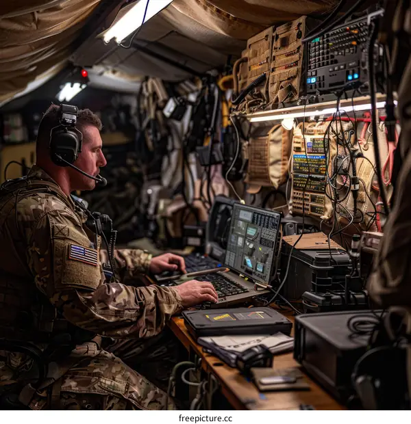 Soldier works at a computer in a tent