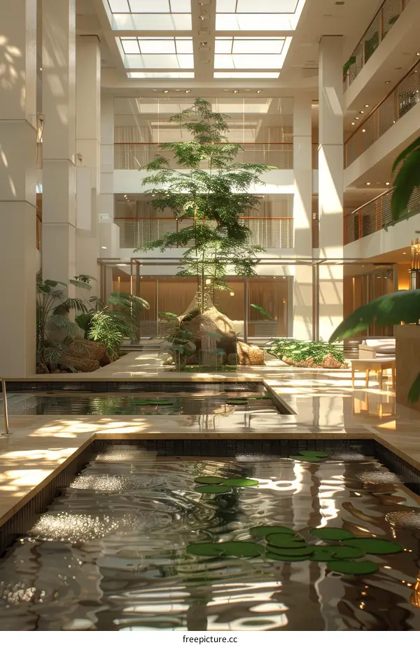 Modern Lobby with Water Feature and Plants