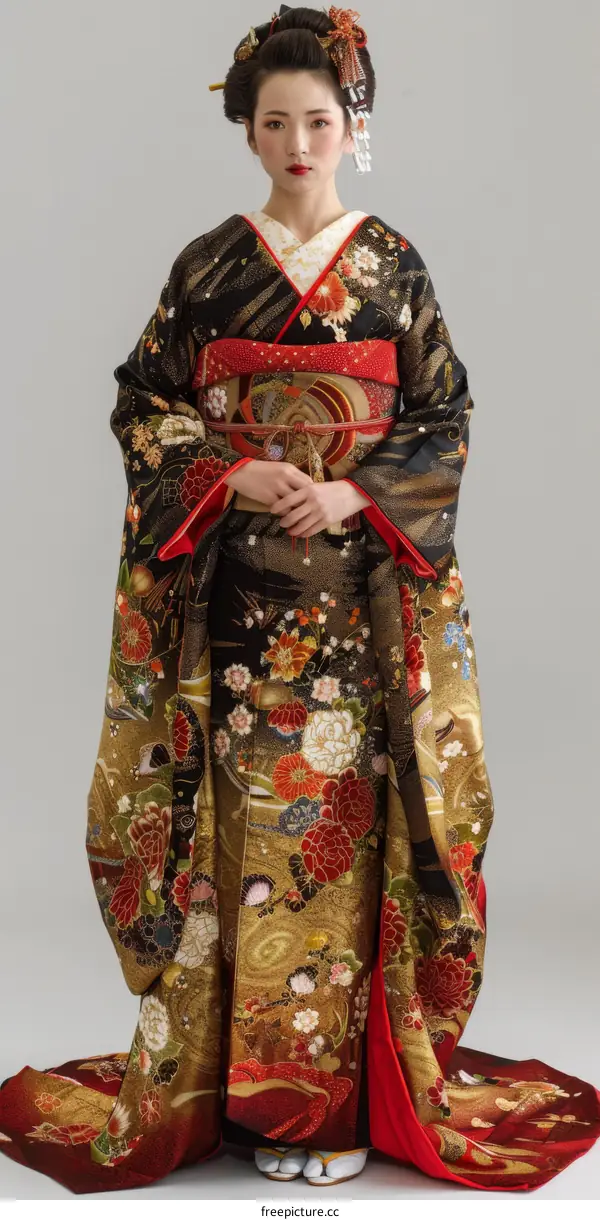Japanese Woman Wearing Traditional Kimono with Red and Gold Embroidered Floral Design