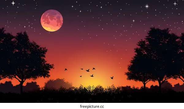 Silhouettes of Trees Against a Sunset Sky with a Large Moon and Stars