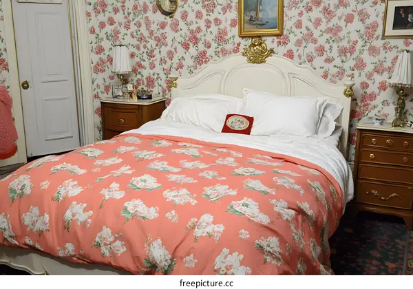 Floral Bedding with White Bed Frame in a Bedroom