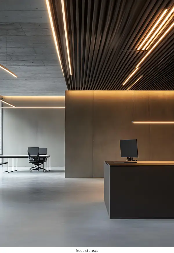 Modern Office Interior Design With Wooden Ceiling And Concrete Walls