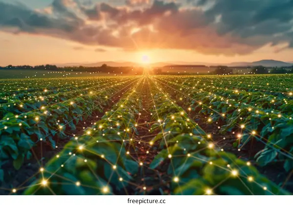 Green Plants Growing in a Field at Sunset