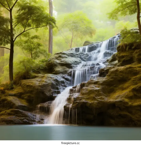 Lush Jungle Waterfall with Green Trees and Rocks