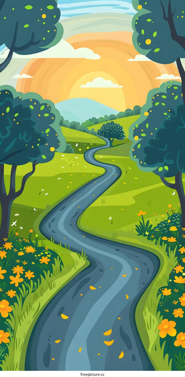 Winding Road Through Green Fields and Trees