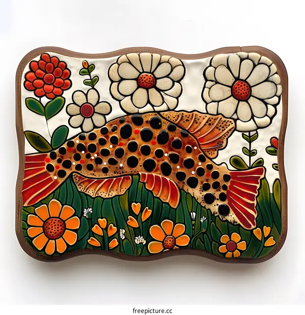 A ceramic tile with a fish and flowers design
