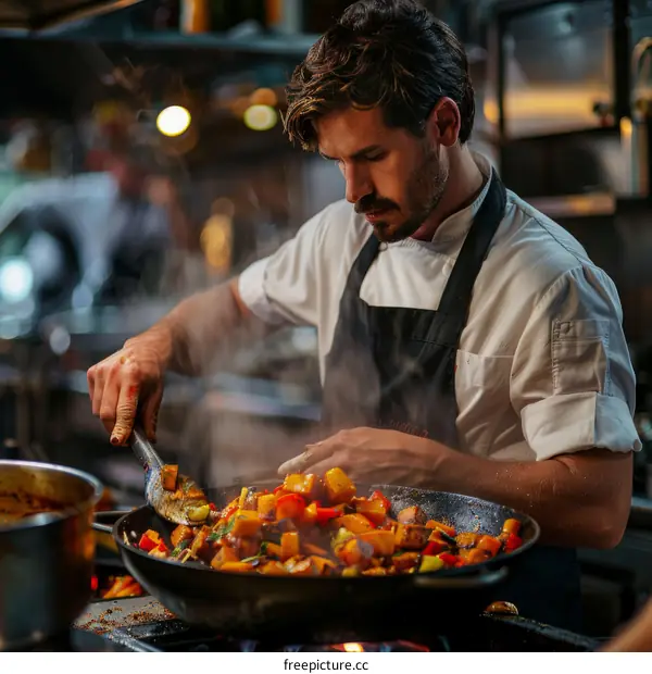 Male chef cooking in a commercial kitchen