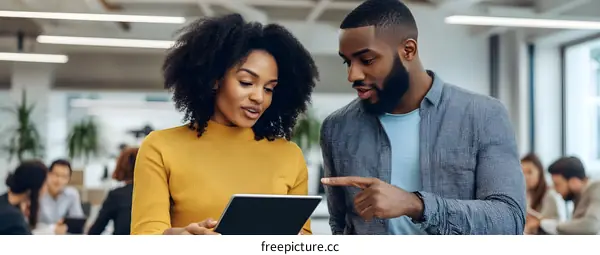 Two Business People Discuss Work on a Tablet