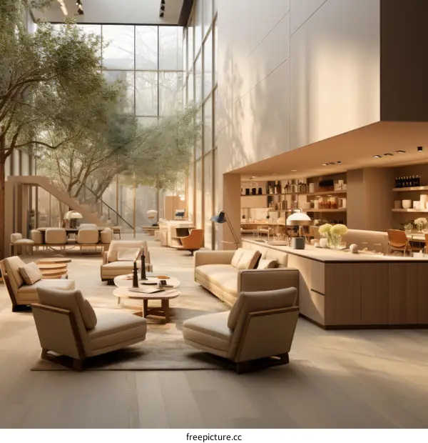 An open living space with large windows and a modern kitchen