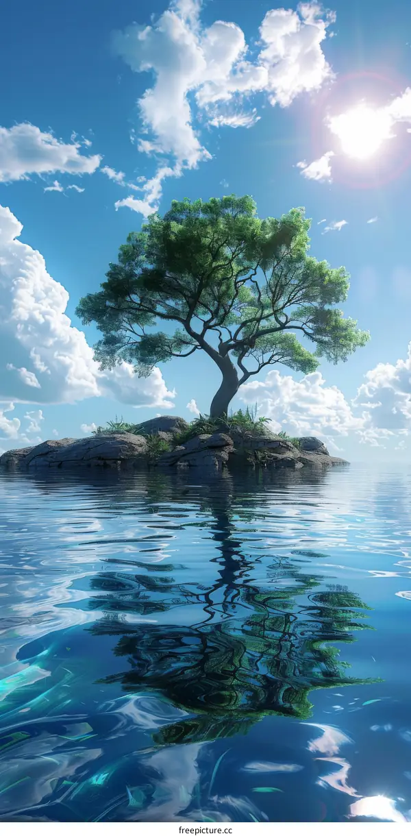 Lonely Tree on a Rocky Outcrop Amidst the Vast Ocean