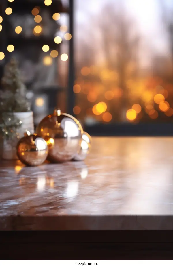 Sparkling Christmas Decorations on Marble Tabletop
