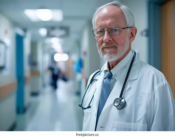 Portrait of a senior male doctor in a hospital hallway