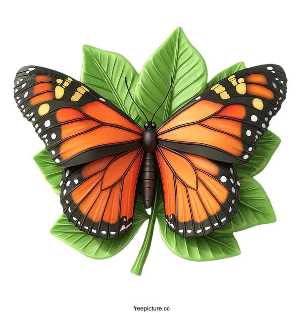 [Transparent Background PNG]3D Butterfly on Decorative Leaves Illustration