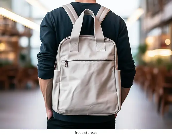 Man with a backpack walking through a building