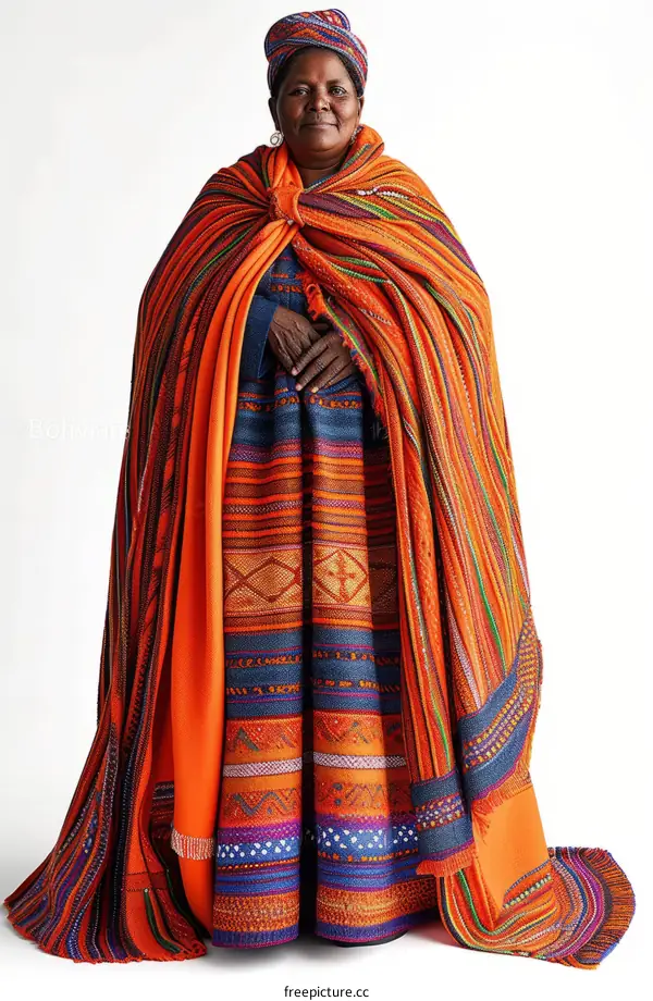 A Bolivian woman wearing a traditional orange and multi-colored dress and shawl