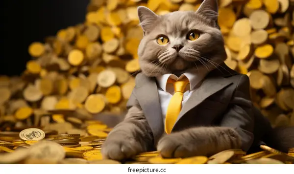 A Sophisticated Feline in a Suit and Tie Poses with Gold Coins
