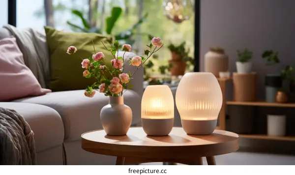 A cozy living room with a coffee table, a vase of flowers, and a lamp