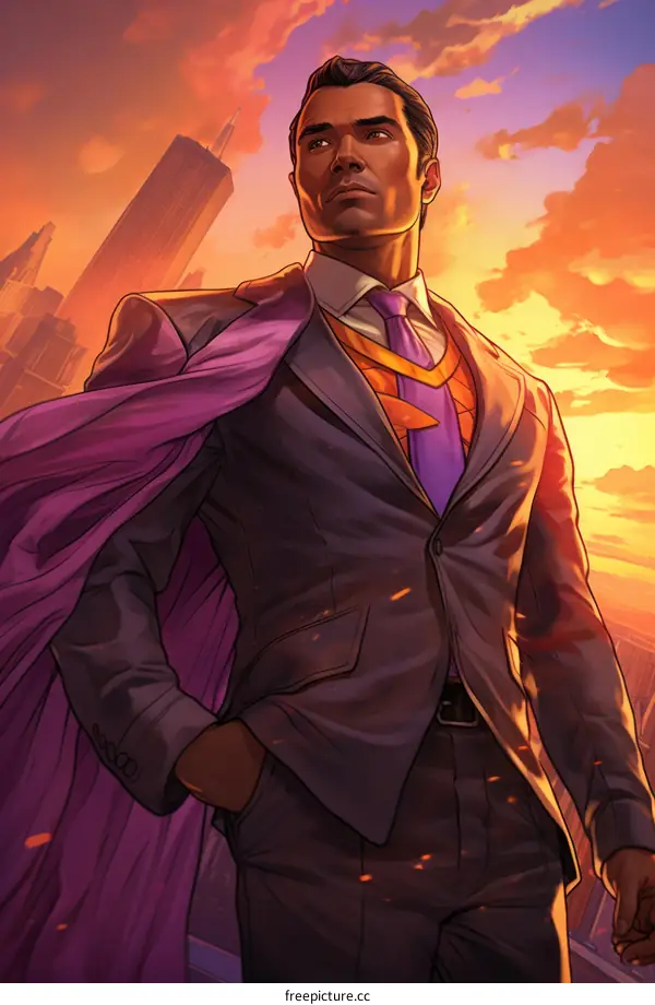 A black superhero stands on a rooftop overlooking a city