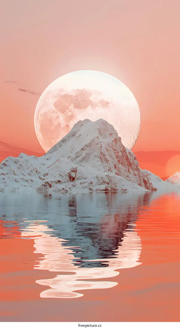 Snowy Mountains at Sunset with a Full Moon Reflection