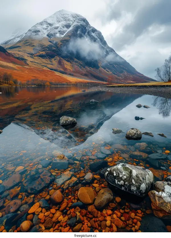 Mountain and lake landscape with rocks in foreground