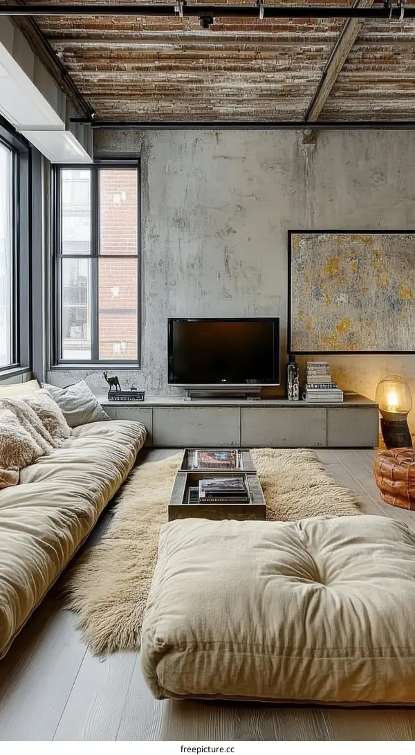 Modern Industrial Loft Living Room with Minimalist Furniture