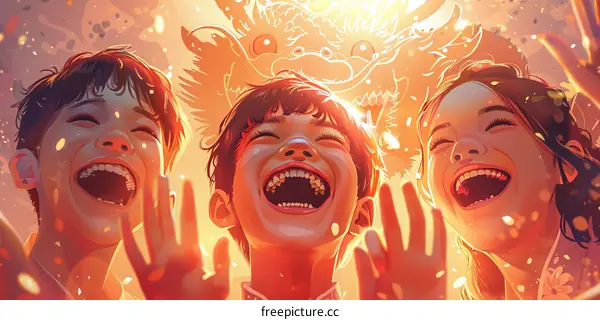 Three happy children celebrating the Chinese New Year