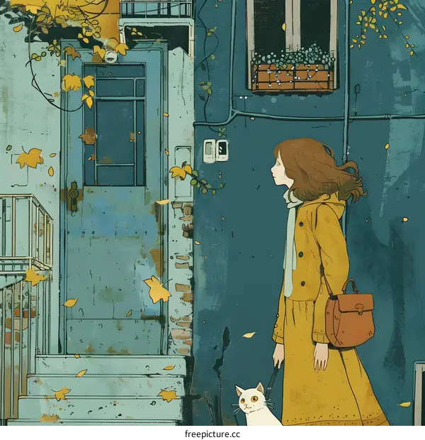 Girl Walking with Cat by a Blue Wall in Fall
