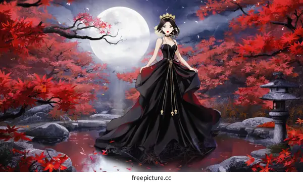 Beautiful Asian Woman in a Black Gown Under the Moonlight