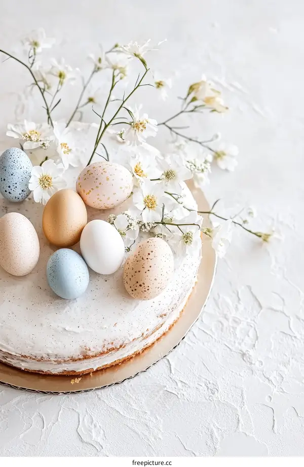 Easter Cake Decorated with Eggs and Flowers