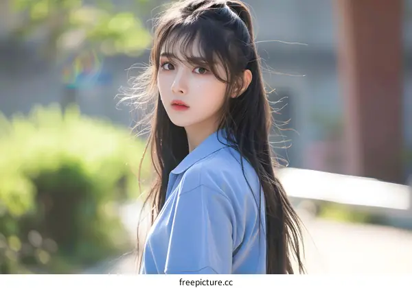 Portrait of a Beautiful Young Woman with Long Black Hair