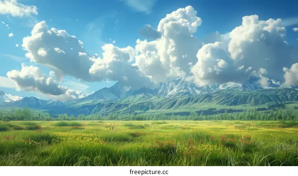 Green Meadow And Mountain Landscape Under A Blue Sky With White Clouds