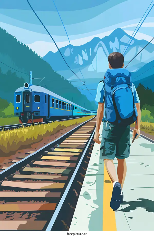 Man Walking Away From Train On Railway Tracks With Backpack