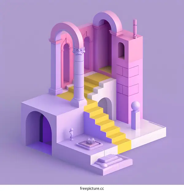 3D Minimalist Abstract Illustration of a Pink and Yellow Building with Arches and Stairs