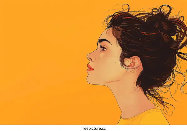 An illustration of a young woman with brown hair and freckles on her face