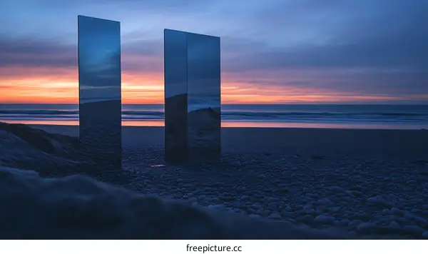 Reflective Pillars on the Beach at Sunset