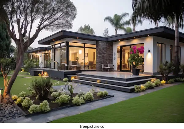A luxurious modern house with a beautiful garden