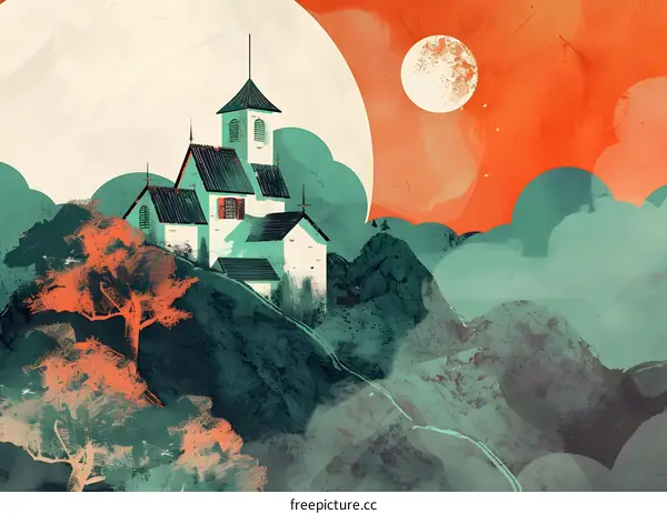 Abstract Watercolor Painting of a Green Church in a Landscape