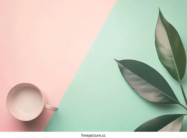 Minimalist Flat Lay with Green Leaves and Cup on Pink and Blue Background