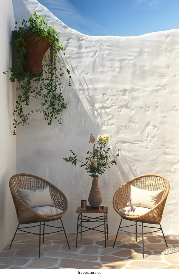 Minimalist Patio Design With Wicker Chairs And A Small Table