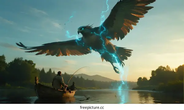 Lightning-Bearing Eagle Flying Over Fishermen in Boat on River